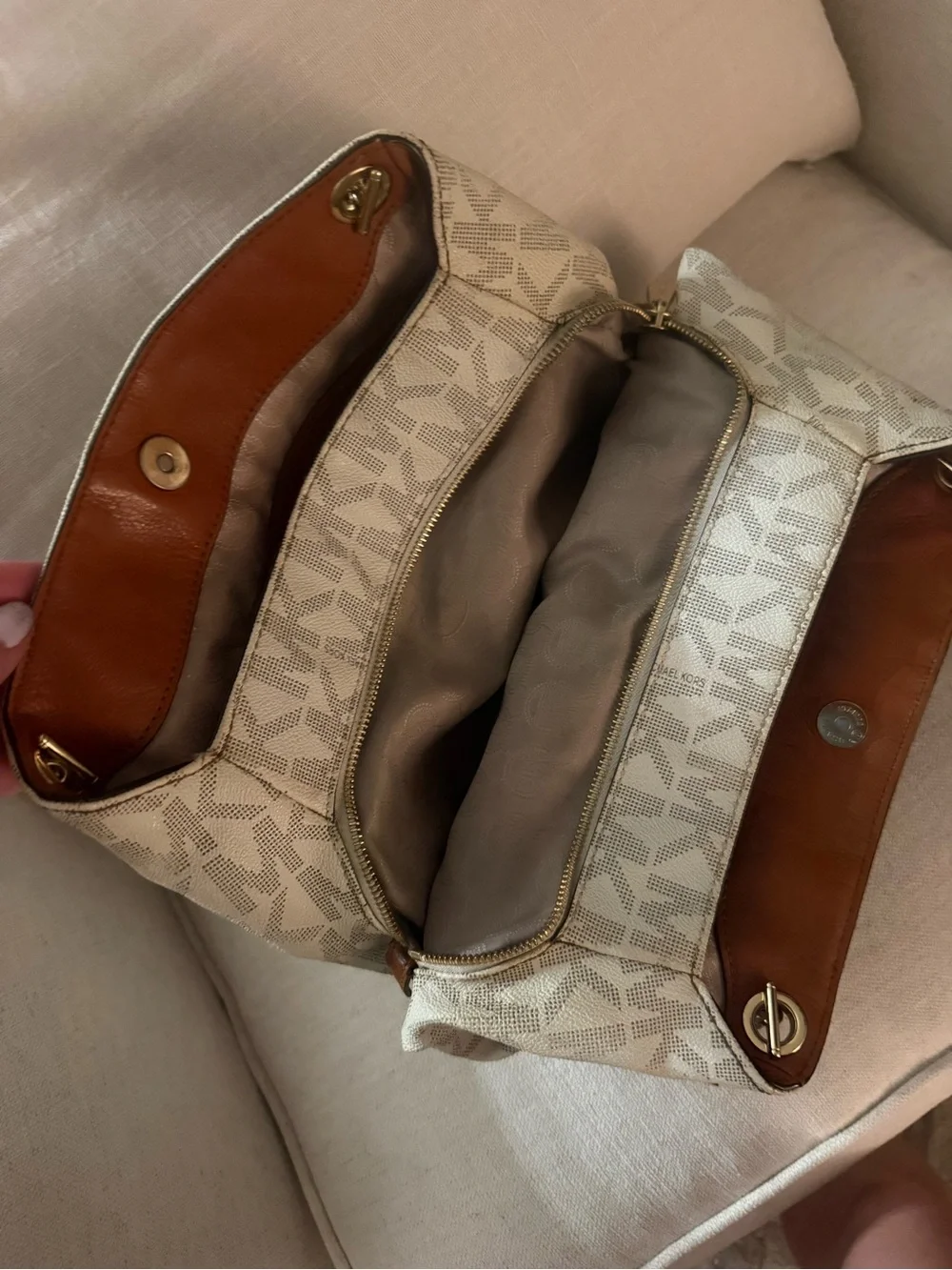 Michael Kors Cream/Tan Signature MK Logo Shoulder Bag with Gold Chain